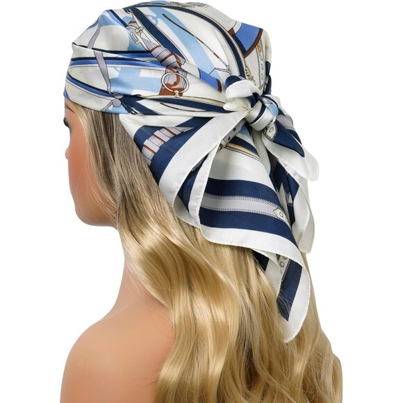 Women Blue Chain Headscarf Satin Bandana Pattern Polyester Breathable Scarves - Picture 3 of 7